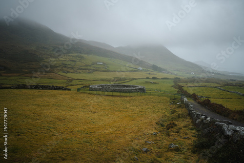 View of the Loher Stone Fort during dramatic rainy weather, Waterville, Co. Kerry, Ireland