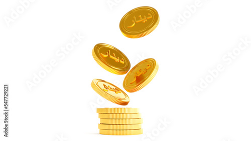 3D render of Islamic dinar coins standing near of stacked golden coins. gold dinar isolated on white background photo