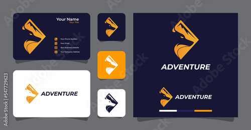 Wolf head and mountain adventure logo with business card template premium vector
