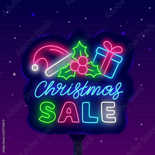 Christmas sale neon street billboard. Shopping outdoor emblem. Santa Claus hat, berry. Vector stock illustration