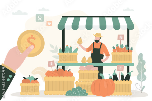 Client pay for organic food in local shop. Seller in small farm food kiosk. Agricultural products on storefront. Grocery business, vegetables and fruits in marketplace.