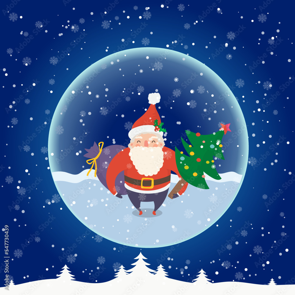 Naklejka premium Cartoon illustration for holiday theme with happy Santa Claus on winter background with trees and snow. Greeting card for Merry Christmas and Happy New Year. Vector illustration.