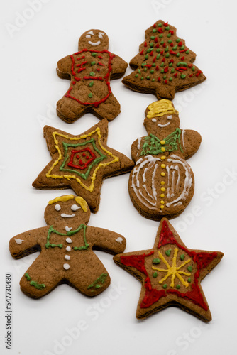 Christmas ginger cookies decoration, snowman, Christmas tree,star, white background