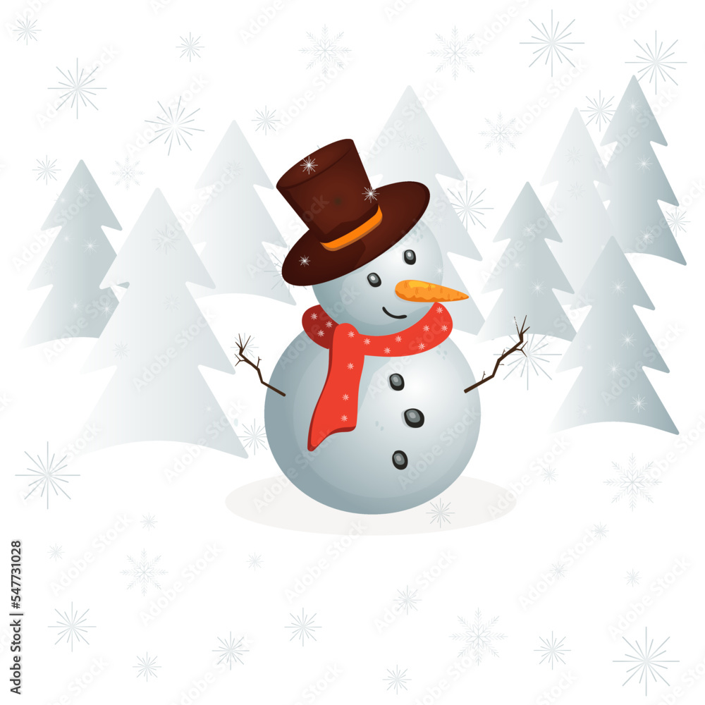 Snowman with word cloud for text on white background with snow, snowflakes. The snowman is talking. Festive background, greeting, card or sticker