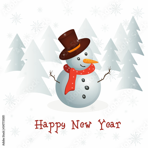 Snowman with word cloud for text on white background with snow, snowflakes. The snowman says Happy New Year. Festive background, greeting, card or sticker © Lesia
