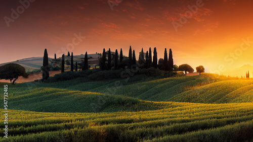 mediterranean landscape, beautiful sunrise in tuscany, farmhouse among tuscan hills, agriculture and cypresses in romantic sunset light, fictional landscape created with generative ai