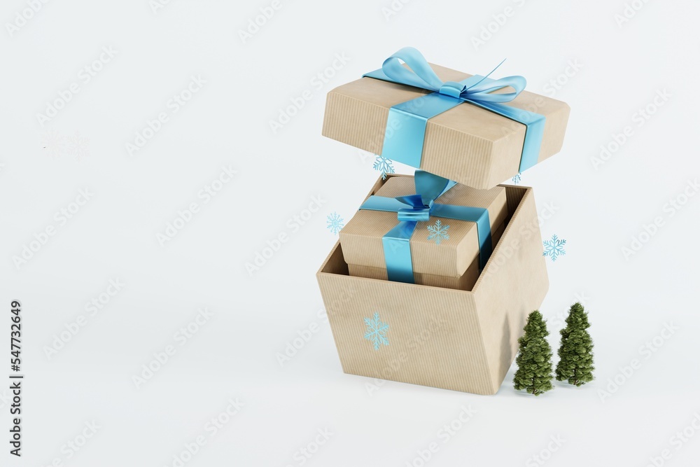 A gift in a gift box on a light background and a small Christmas tree and snowflakes. Concept for Christmas and buying Christmas gifts, giving gifts. Shopping. 3D render, 3D illustration. A gift in a gift box on a light background and a small Christmas tree and snowflakes. Concept for Christmas and buying Christmas gifts, giving gifts. Shopping. 3D render, 3D illustration.