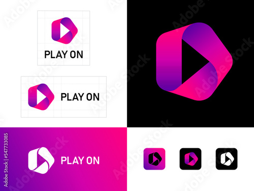 Play logo. Symbol "play on" consists of pink ribbon. Infinity and arrow of playing. Identity, corporate style.