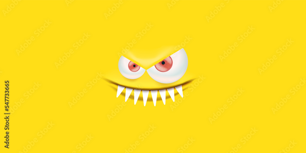 Vector angry yellow monster face with open mouth with fangs and evil eyes isolated on yellow horizontal background. Halloween cute and angry monster design template for poster, banner and tee print - obrazy, fototapety, plakaty 