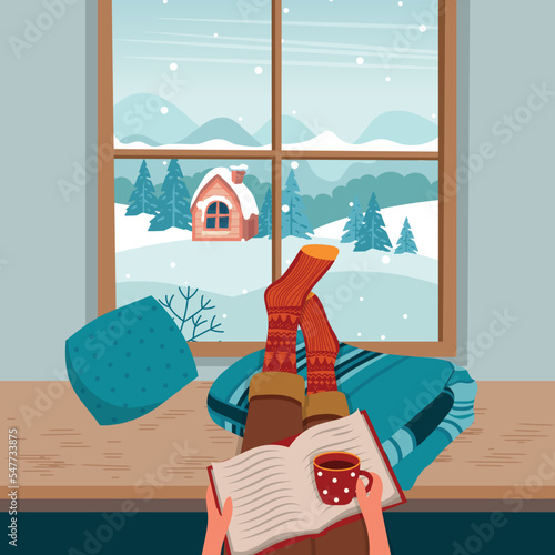 Feet in knitted socks are lying on the table in front of the window. Mug of coffee and book. Outside the window is an winter landscape. Cozy winter. Concept for vacation. Flat Vector illustration 