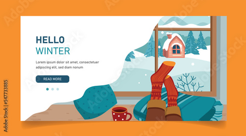 Feet in knitted socks are lying on the table in front of the window. Mug of coffee and book. Outside the window is an winter landscape. Cozy winter. Concept for vacation. Flat Vector illustration 