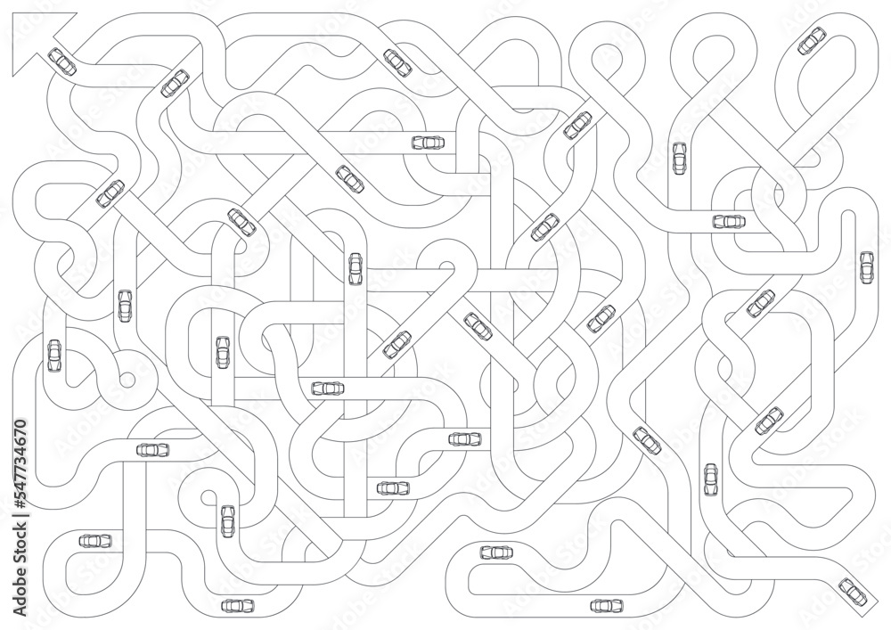 Obraz premium Vector illustration of the entangled roads with riding cars