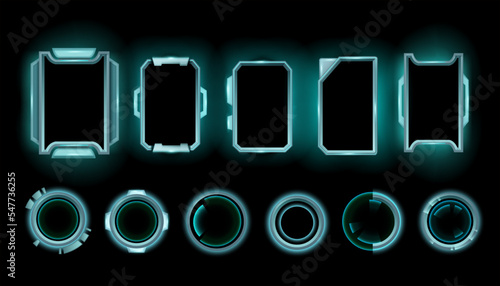 Sci-fi game frame set, hi-tech stream background, vector space HUD border, neon cyber UI screen. Futuristic technology monitor kit, space ship modern interface. Rectangle circle window game frame