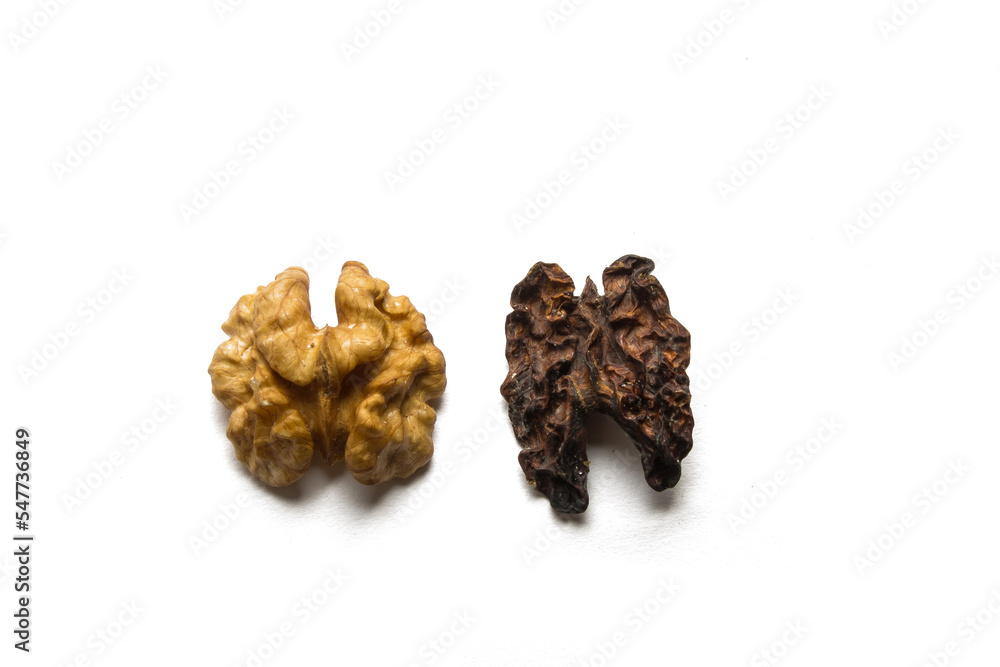 spoiled dried dark walnut on a white background spoiled dried dark walnut on a white background