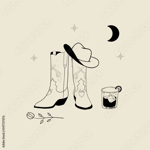 Wild west elements collection with cowboy boots, hat, whisky, rose, moon and stars. Traditional western cowboy boots. Hand drawn line vector illustration