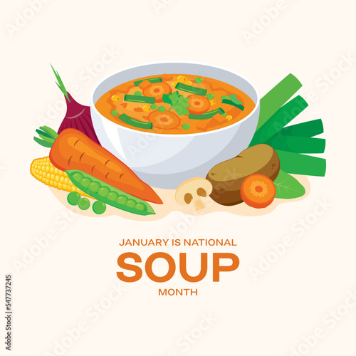 January is National Soup Month vector. Delicious fresh vegetable soup still life icon vector. Healthy vegetable broth drawing. Important day
