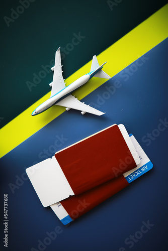 Airplane travel. Boarding pass airplane, passport and plane.