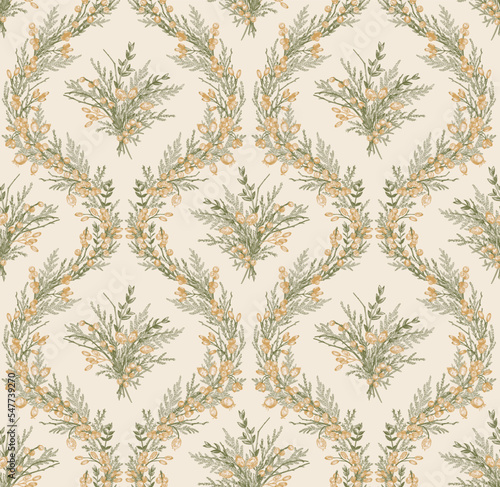 Seamless floral pattern with garlands. Green and golden.