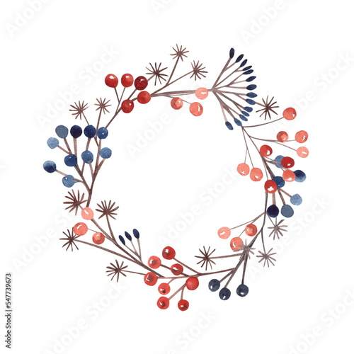 Round wreath of dry winter blue and red berries. Twigs  plants  seeds  flowers for the design of Christmas greetings  dishes and fabrics. A hand-drawn watercolor isolated on a white 