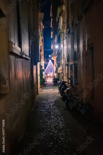 CORFU, GREECE - December 10, 2021: photo of illuminated festive view in corfu town and Christmas fair and market,Greece. © ernestos
