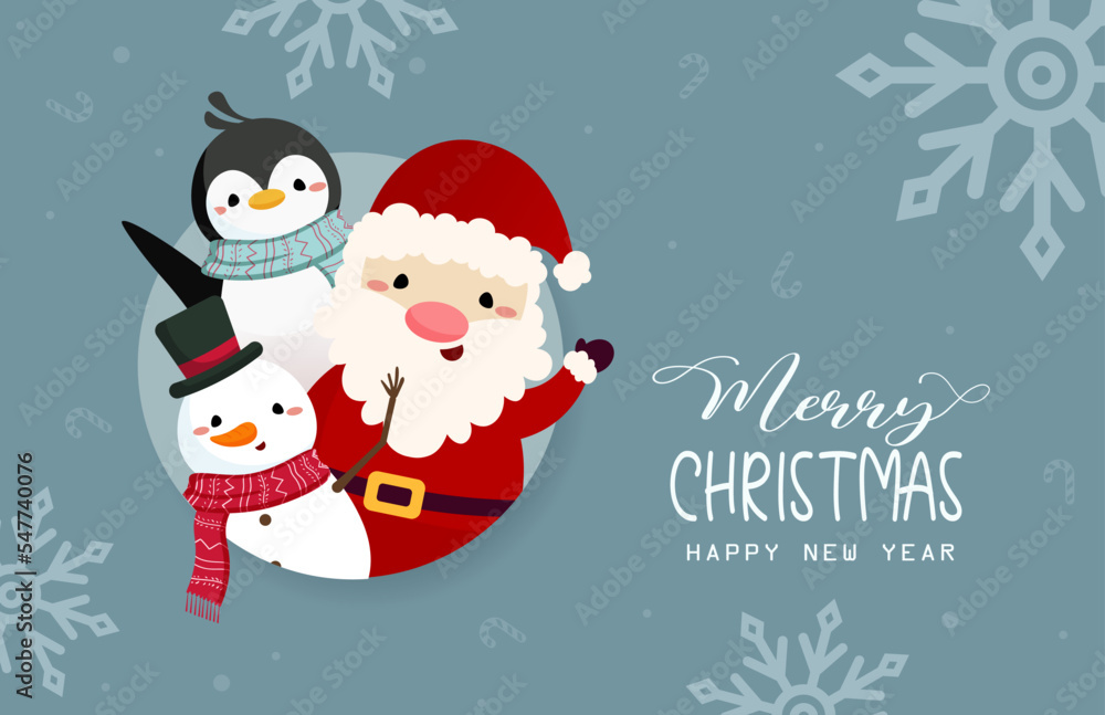 Merry Christmas and happy new year greeting card with cute Santa Claus, Snowman, and Penguin. Holiday cartoon character in winter season vector Illustration Merry Christmas and happy new year greeting card with cute Santa Claus, Snowman, and Penguin. Holiday cartoon character in winter season vector Illustration