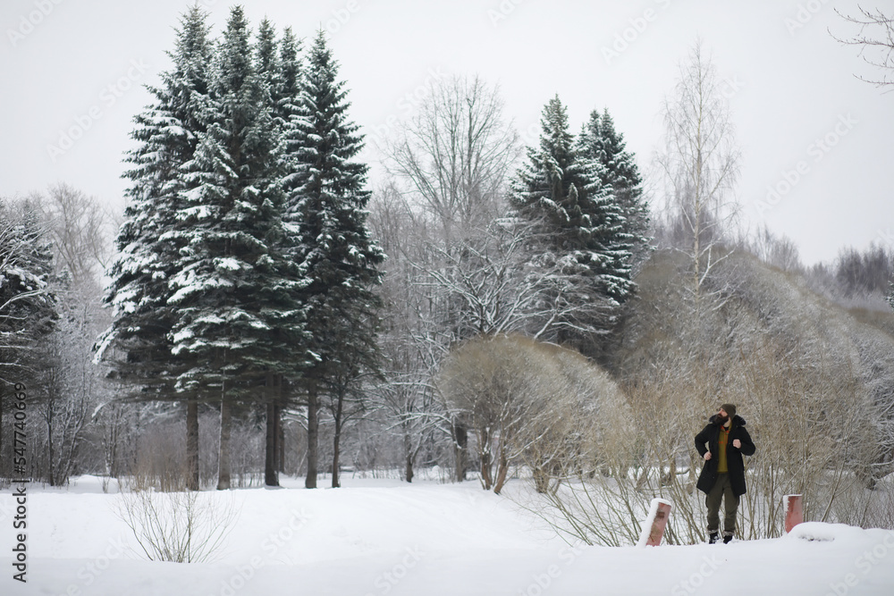 Tourists travel through the snowy country. On the way, walk and hitchhike.