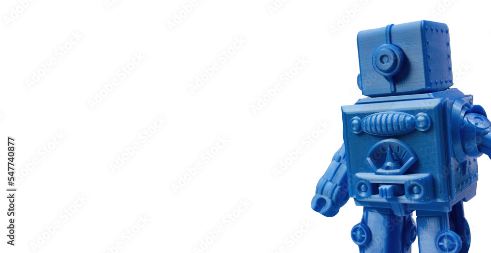 A blue 3d-printed plastic toy robot isolated against a wide pure white background A blue 3d-printed plastic toy robot isolated against a wide pure white background