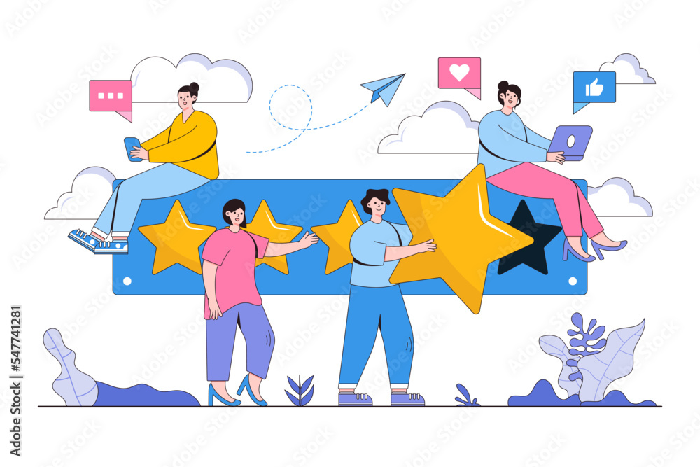 Customer reviews concept. People characters giving five star feedback. Clients choosing satisfaction rating and leaving positive review. Modern vector illustration in flat style for landing page