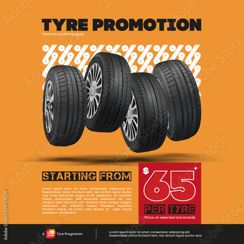 Tyre promotion. Car tire set closeup in vector. Advertising banner, outdoor advertising, printing. Wheel tread. Replacing tires, summer winter. Landscape poster, digital banner, flyer, booklet.