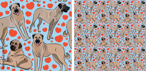 Pattern design with hearts, funny Kangal dogs doodles, and seamless pattern. T-shirt textile, wallpaper, wrapping paper, background graphic design with hearts, blue kids background. Valentine's Day.