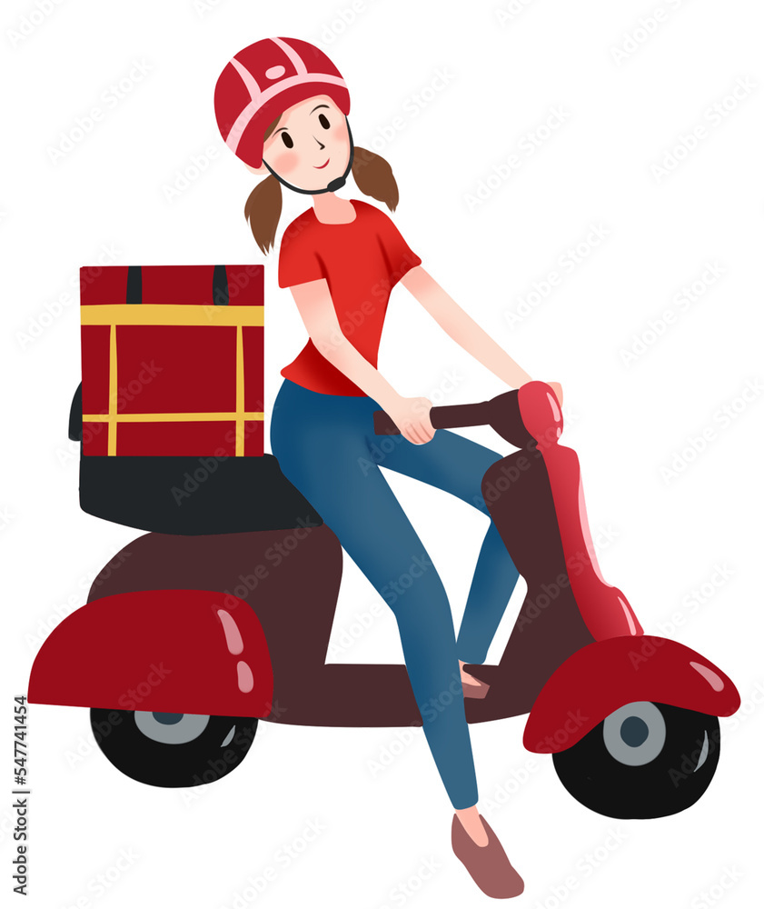 delivery transport. Courier in mask deliver goods drive motorcycle. 