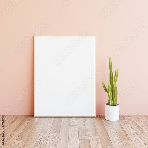 Fototapeta Naklejka Na Ścianę i Meble -  Close up bright modern pink room interior background with white blank portrait poster space leaning on pink wall background by cactus plant. 3D rendering. 3d illustration