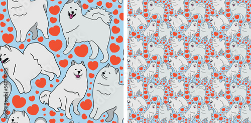 Pattern design with hearts, funny Samoyed dogs doodles, and seamless pattern. T-shirt textile, wallpaper, wrapping paper, background graphic design with hearts, blue kids background. Valentine's Day.