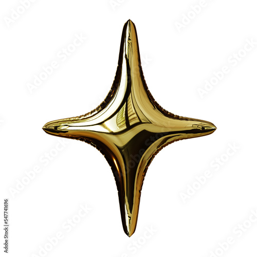 4 point star icon, gold color  baloon 4 point star, 4 point gold inflatable star. 3d render. Png