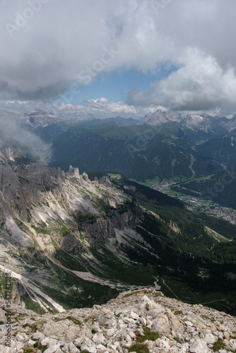 View from the mountain Rotwand summit in Italy to the Sella group in the background.