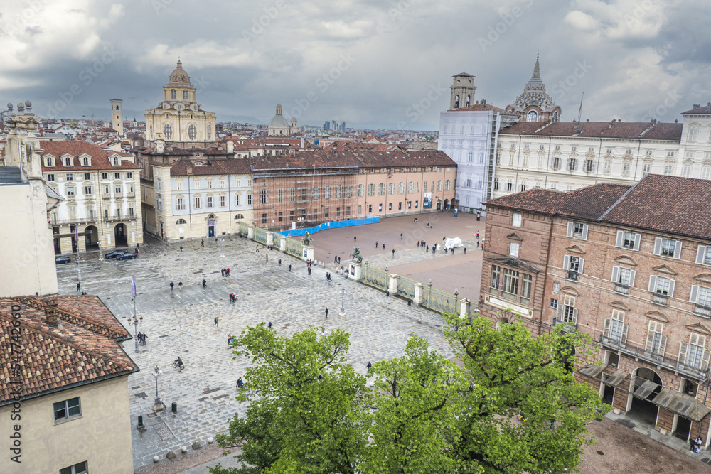 Extra wide angle Aerial view of Castello Square in Turin with beautiful historic building and Royal Palace