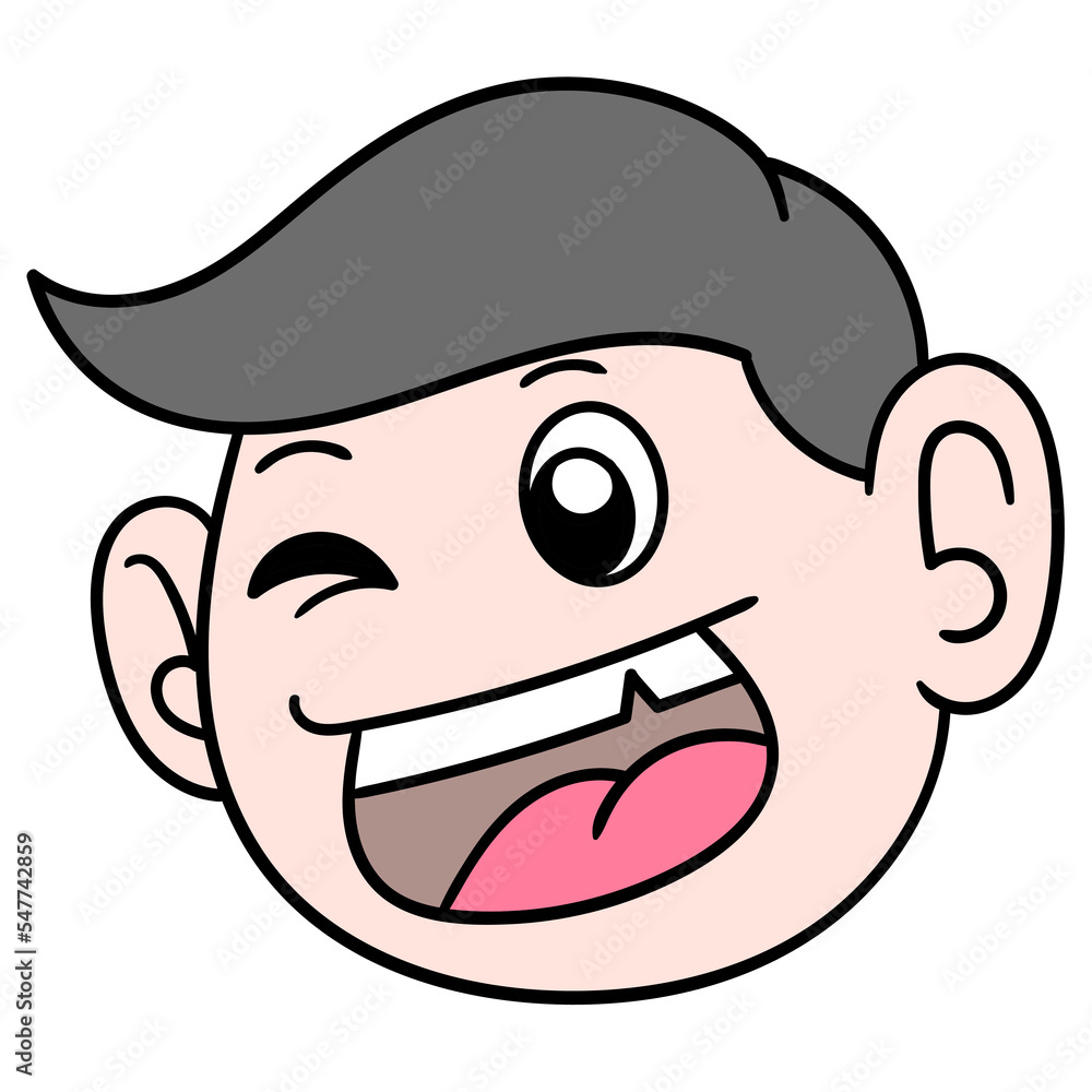 Naklejka premium Vector illustration of a boy with black hair winking with one of the eyes and laughing