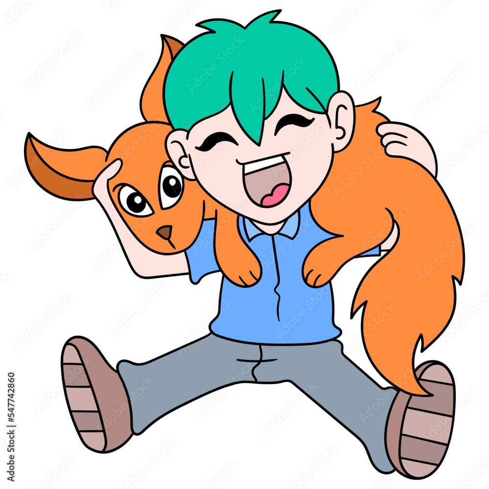 Obraz premium Vector illustration of a rejoicing boy carrying a fox on his shoulders on a white background
