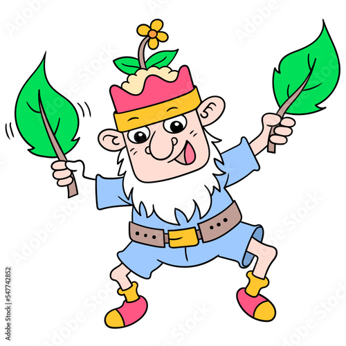 Editable vector of an old dwarf with a crown holding leaves