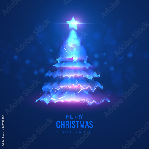 Tree light effect for christmas gritting card.. Digital tree for abstract card for New Year greetings. Cyber technology tree in a futuristic style photo