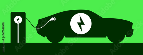 Electric car charging on the station flat style silhouette vector illustration. Green hybrid EV sports car with voltage icon, filling up a battery.