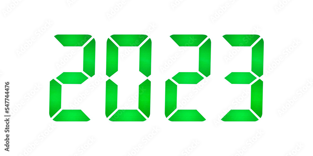 2023 is dialed with digits of a seven-segment indicator in green on white isolated, concept of the new year, green LED number font 2023 is dialed with digits of a seven-segment indicator in green on white isolated, concept of the new year, green LED number font