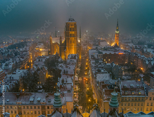 snowy gdansk old town from above 