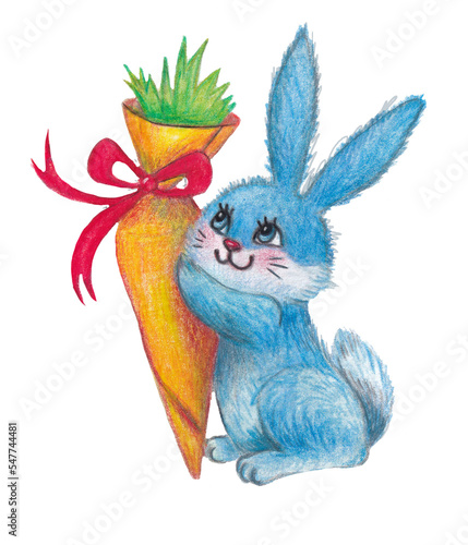 Blue rabbit with carrot present, isolated.