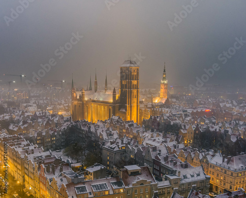 snowy gdansk old town from above 