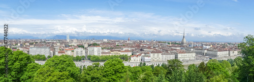 Extra wide angle aerial view of the skyline of Turin with the Mole Antonelliana © Alessio