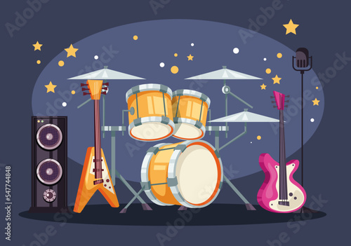 Drum microphone guitar musical instruments on stage concept. Vector graphic design illustration element