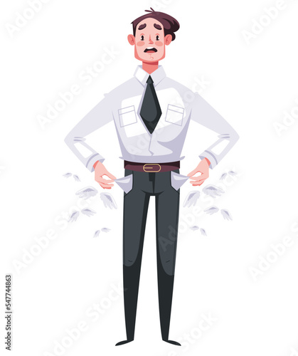 No money empty pocket poor business office worker character concept. Vector graphic design illustration element