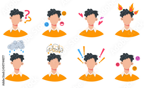 Avatar with empty face and different emotions character concept set. Vector graphic design illustration element