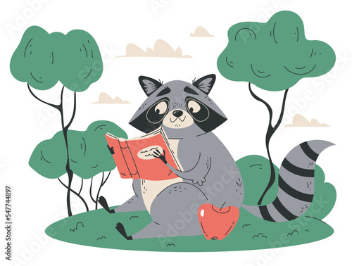 Raccoon character reading book on meadow forest concept. Vector graphic design illustration element